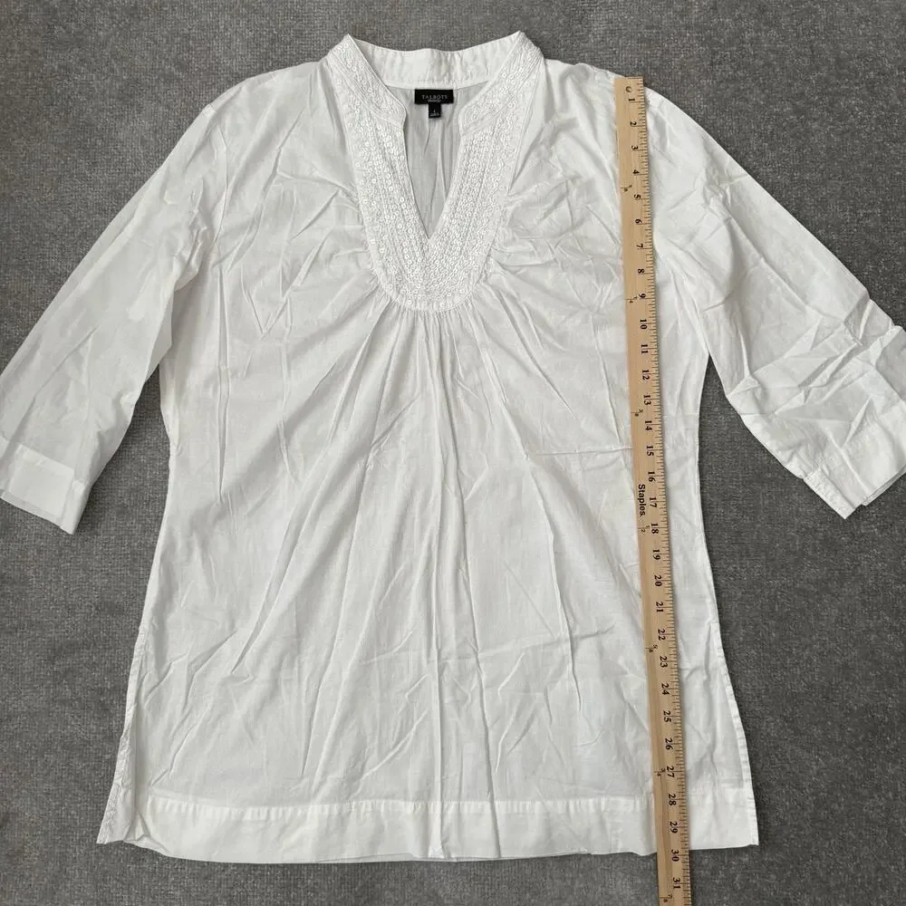 Talbots Blouse Womens Large White Sequin V Neck 3/4 Sleeve Tunic Top Cotton - Picture 7 of 9
